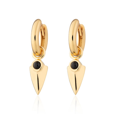 Black Onyx Shield Charm Hoop Earrings in Gold by Scream Pretty