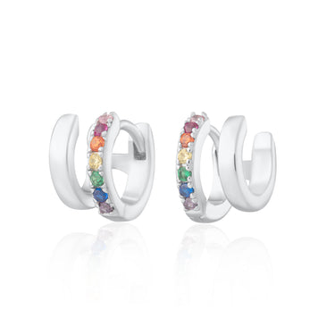 Mismatched Double Huggie Hoop Earrings with rainbow Stones by Scream Pretty