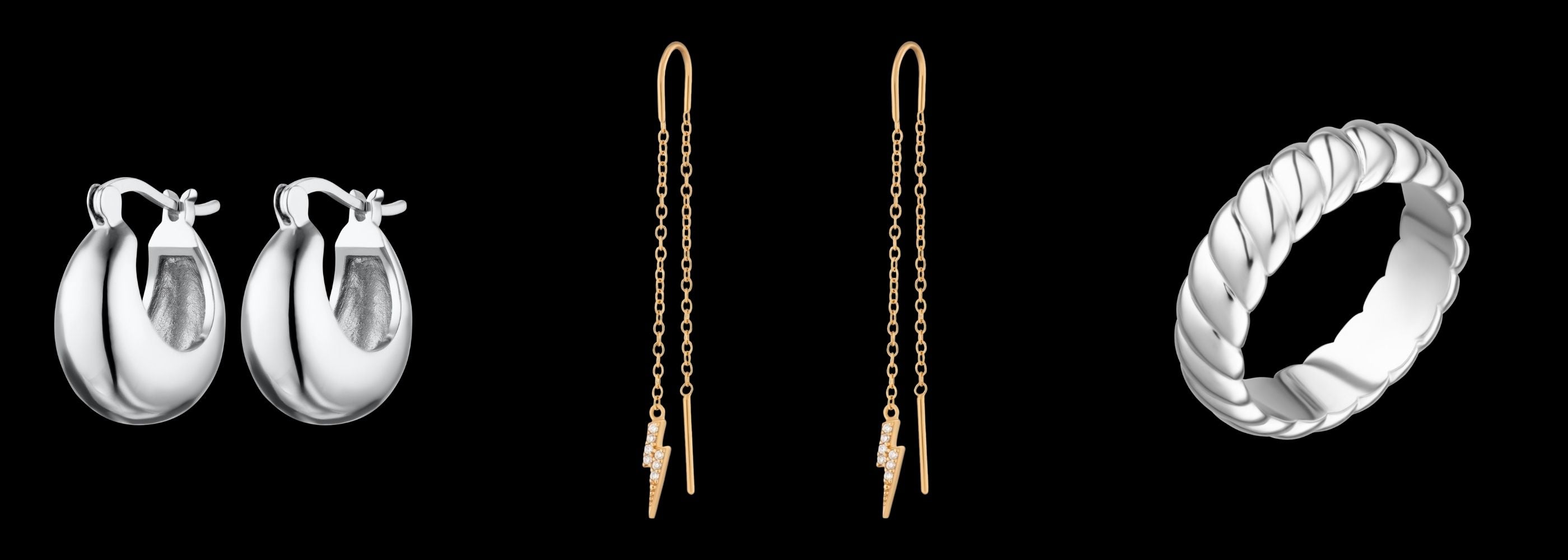 50% Sale Set of silver hoop earrings, gold chain earrings, and silver ring on a black background