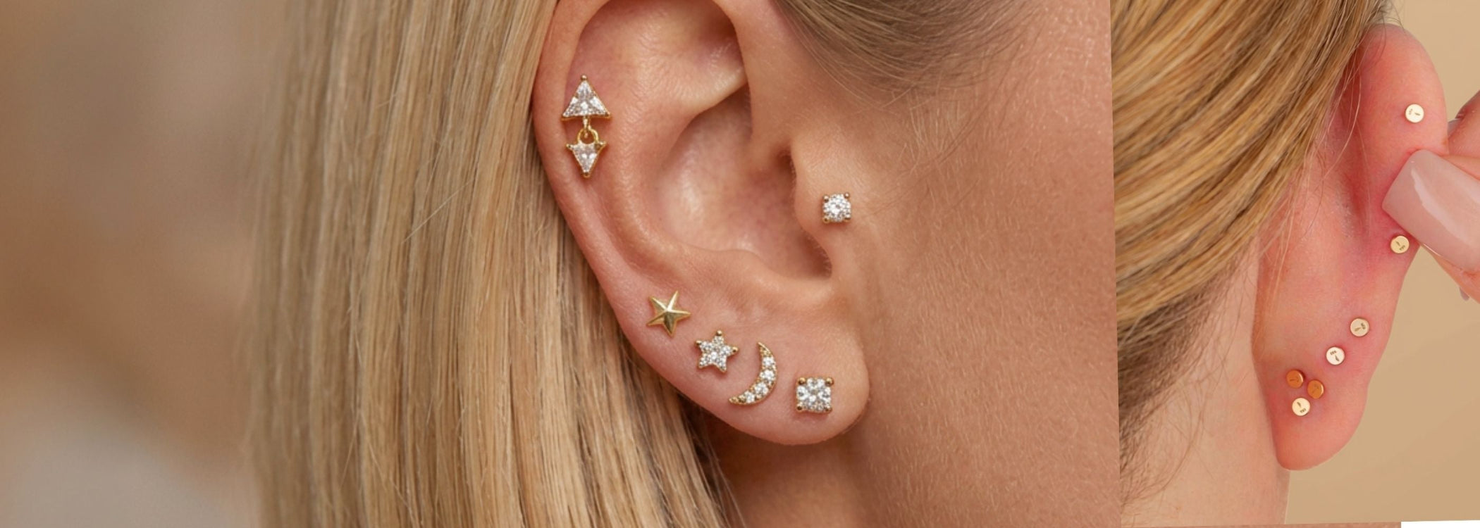 Close-up of a person's ear wearing multiple small gold and clear stud earrings, with a second close-up on the right showing additional ear piercings with gold studs.