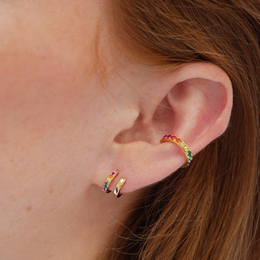 Mismatched Double Huggie Hoop Earrings with rainbow Stones by Scream Pretty