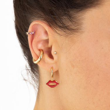 Bezel Huggie Earrings with pink stones in Gold by Scream Pretty