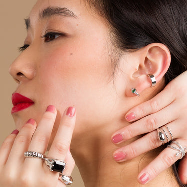 Audrey Huggie Earrings with Green Stones by Scream Pretty Jewellery