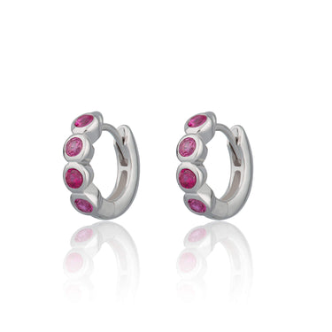 Bezel Huggie Earrings with pink stones in Silver by Scream Pretty