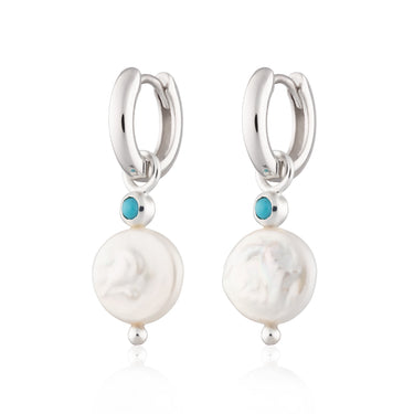 Pearl and Turquoise charm hoop drop earrings by Scream Pretty